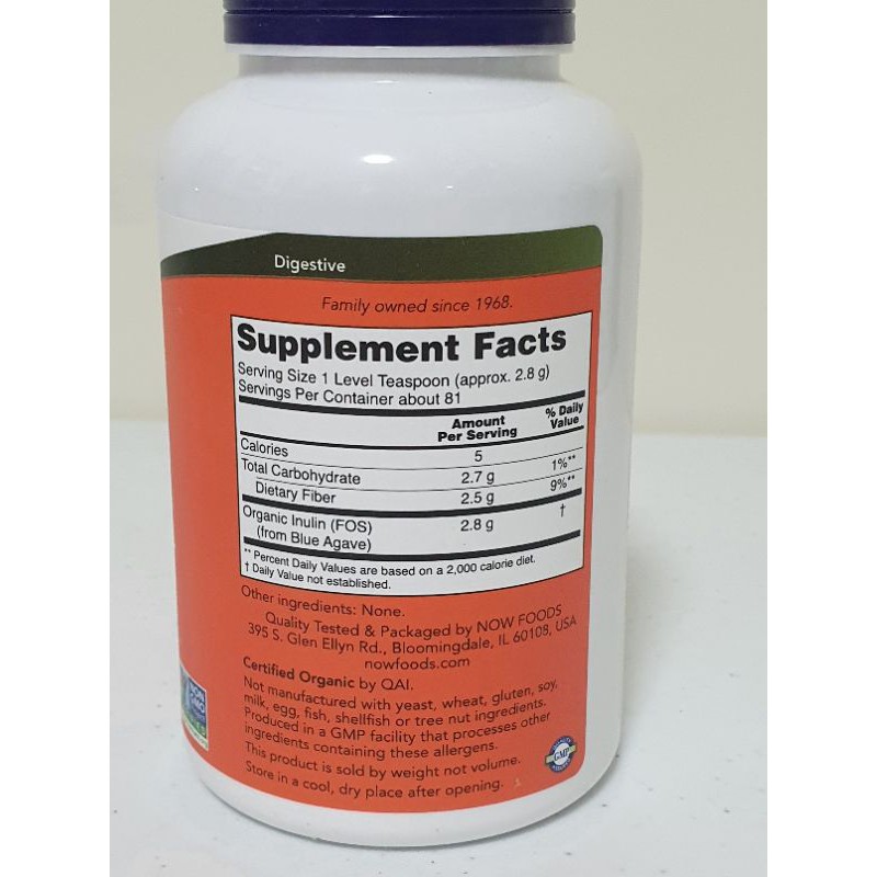Now Organic Inulin Prebiotic Pure Powder 227g Intestinal Support from ...