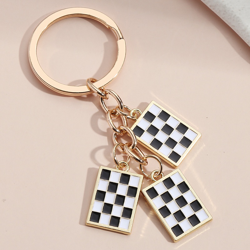 Enamel Keychain Black And White Chessboard Pattern Key Ring Rectangle