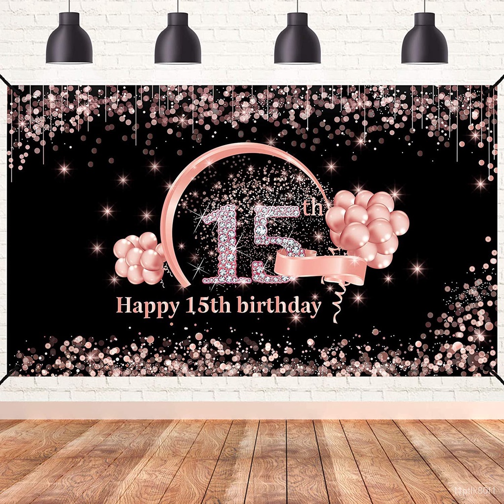 15th Birthday Banner Backdrop Decorations, Rose Gold Happy 15 Birthday ...