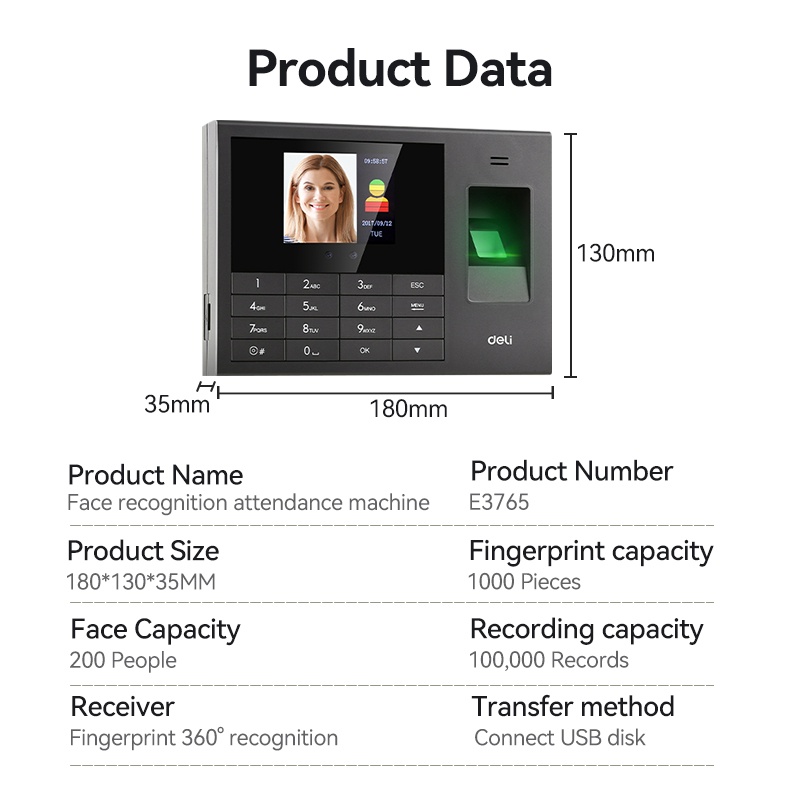 Deli E3765 Face Attendance Biometric Office Fingerprint Scanner Machine ...