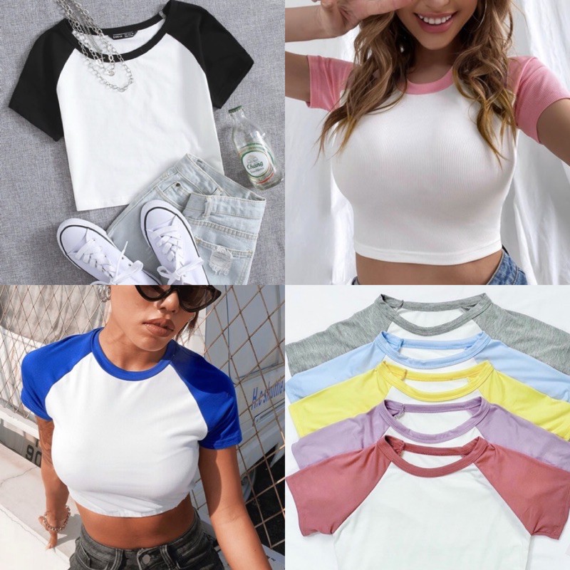 Raglan Plain Two Tone Crop Top Tees Shopee Philippines