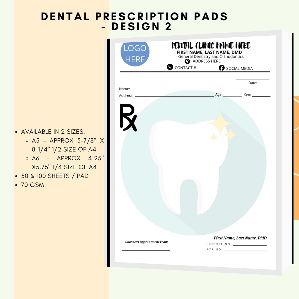 Personalized / Customized Dental Prescription Pad / Notepad in A5 and