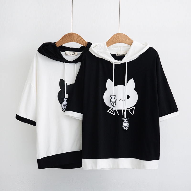 Japanese Style Preppy Fishbone Cat Print Color Matching Hooded Pullover ...