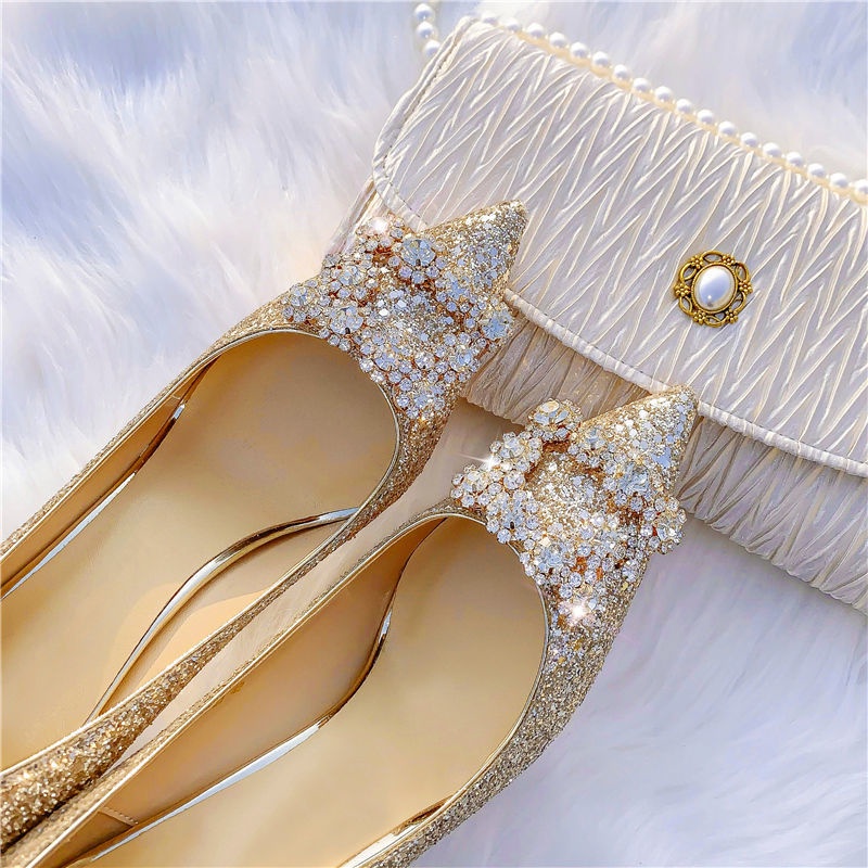 Wedding shoes 2022 new sequined high heels woman champagne gold rhinestone crystal shoes bridal shoes wedding gift