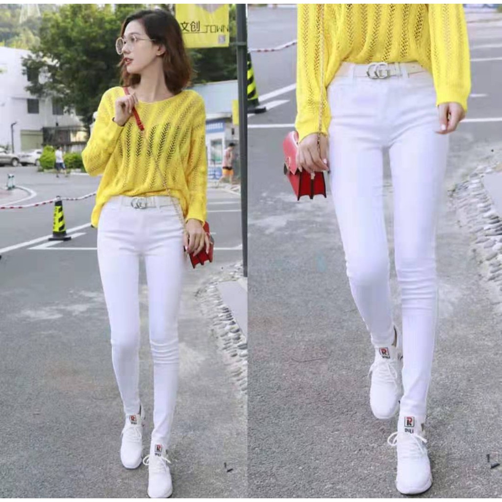 Korean Mid-waist skinny jeans WHITE PANTS stretchable