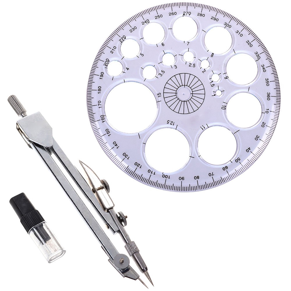 360 Degree Protractor Circle Master Template+Drafting Compass Geometry  Drawing Tool+Pencil Refill