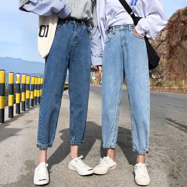 Denim Trousers Korean Fashion High Waist Jeans Loose Straight pants Denim  Long Pants