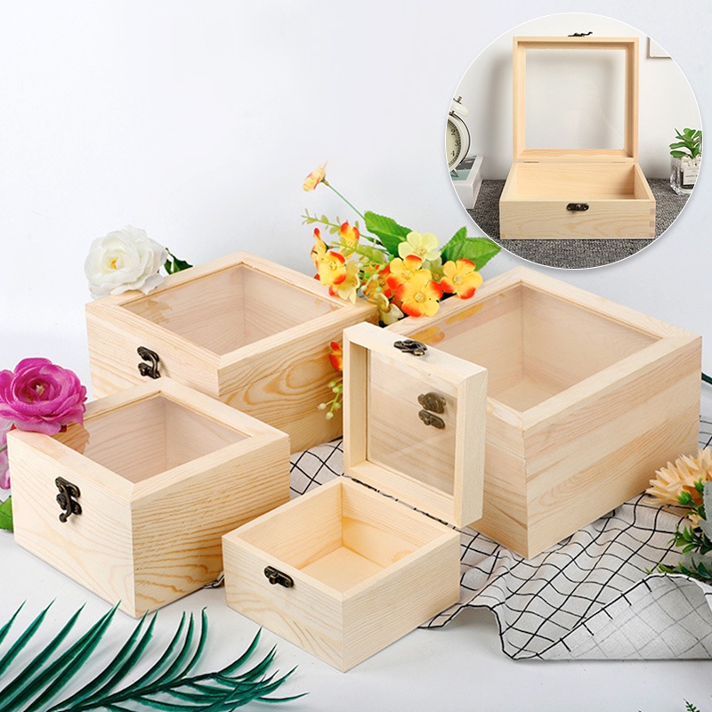Plain Wood Wooden Box Glass Top Lid Hinged Jewelry /Gifts /Eternal
