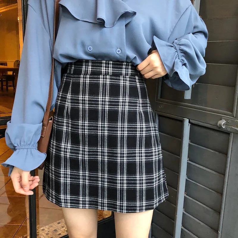 Korean Style Plaid Skirt A line Half length Skirt Female Student Hakama Retro Bag Hip Skirt Short Skirt Shopee Philippines