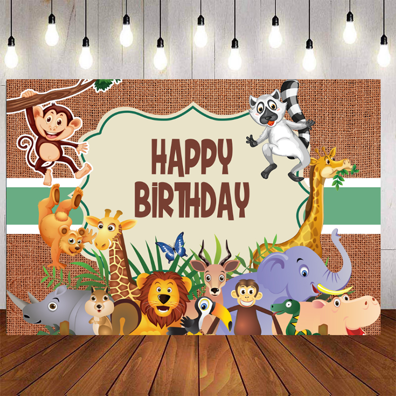 Zoo Animals Birthday Backdrop Cartoon Characters Brown Green 