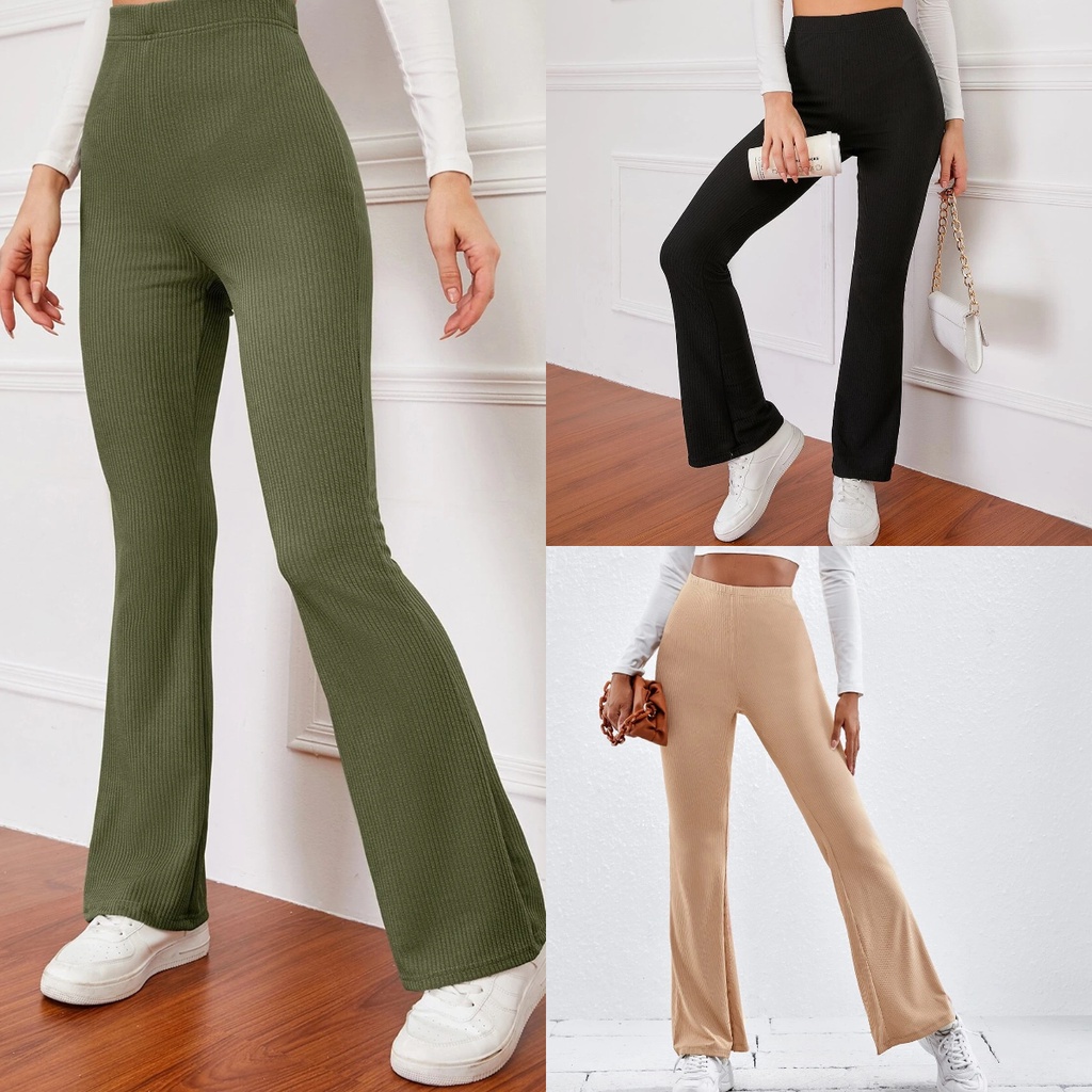 Quality Flare Pants Knitted Wide Leg High Waist Pants | Shopee Philippines