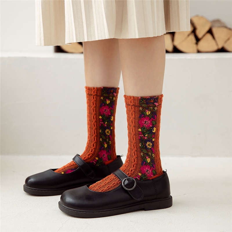Ethnic Style Flowers Crew Socks Women Cotton Retro Style Floral Winter ...