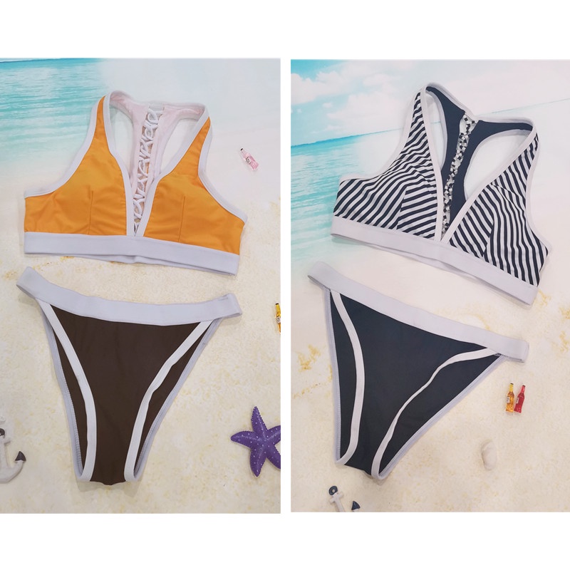 Women's Contemporary Two Piece Bikini - Color Block / Black / White