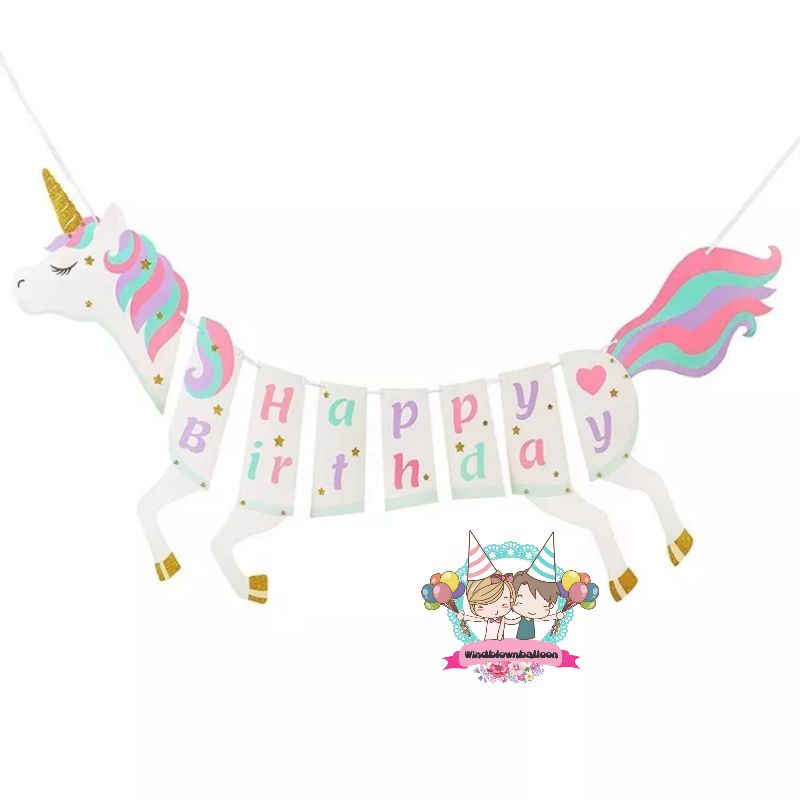 Windblown Balloon BANNER BUNTING FLAG HAPPY BIRTHDAY UNICORN JUMBO