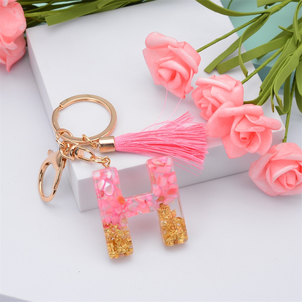 Pink Tassel Gold Foil 26 Letter Pendent Keychain for Women Resin ...