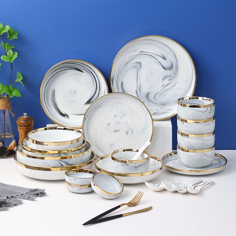 Nordic Luxury Marble Gray Gold Rim Ceramic Plate Dinnerware Set 8