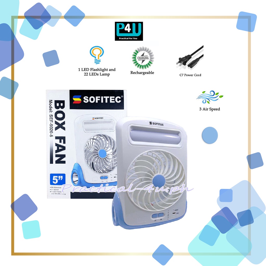 5” Rechargeable Box Fan with LED Light Portable Travel Fan SEF-9020-5 ...
