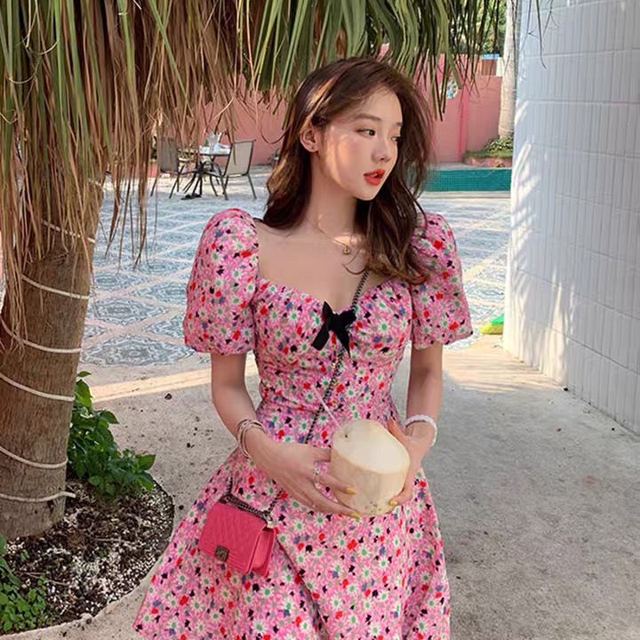 Privateclothes Summer 2021 French First Love Temperament Waist Controlled Pink Floral Dress Women s Retro Gentle Super Fairy Sweet Short Skirt Shopee Philippines