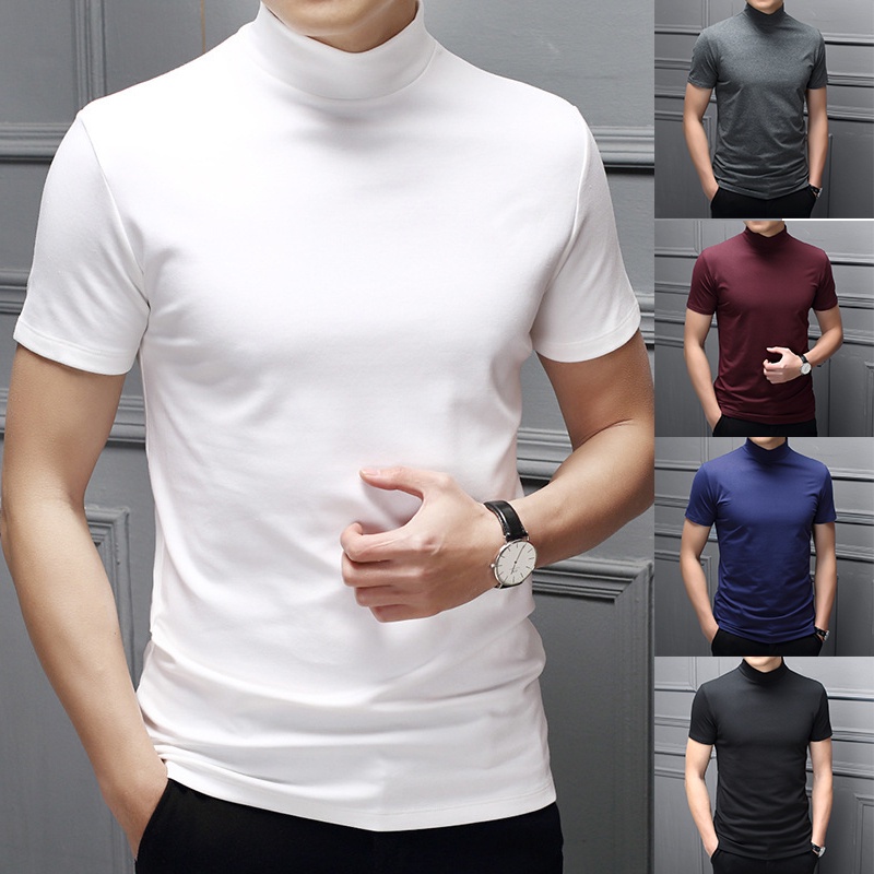 Spring/Summer Men's Half Turtleneck Milk Silk Short Sleeve Slim T-Shirt ...
