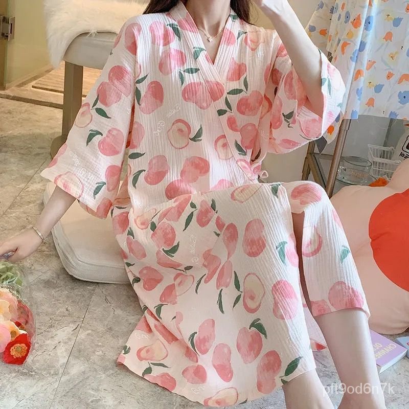 X.D Sleepwear Japanese Kimono Pajamas Women's Summer Cotton Gauze Pajamas  Sweet Thin Nightdress Long