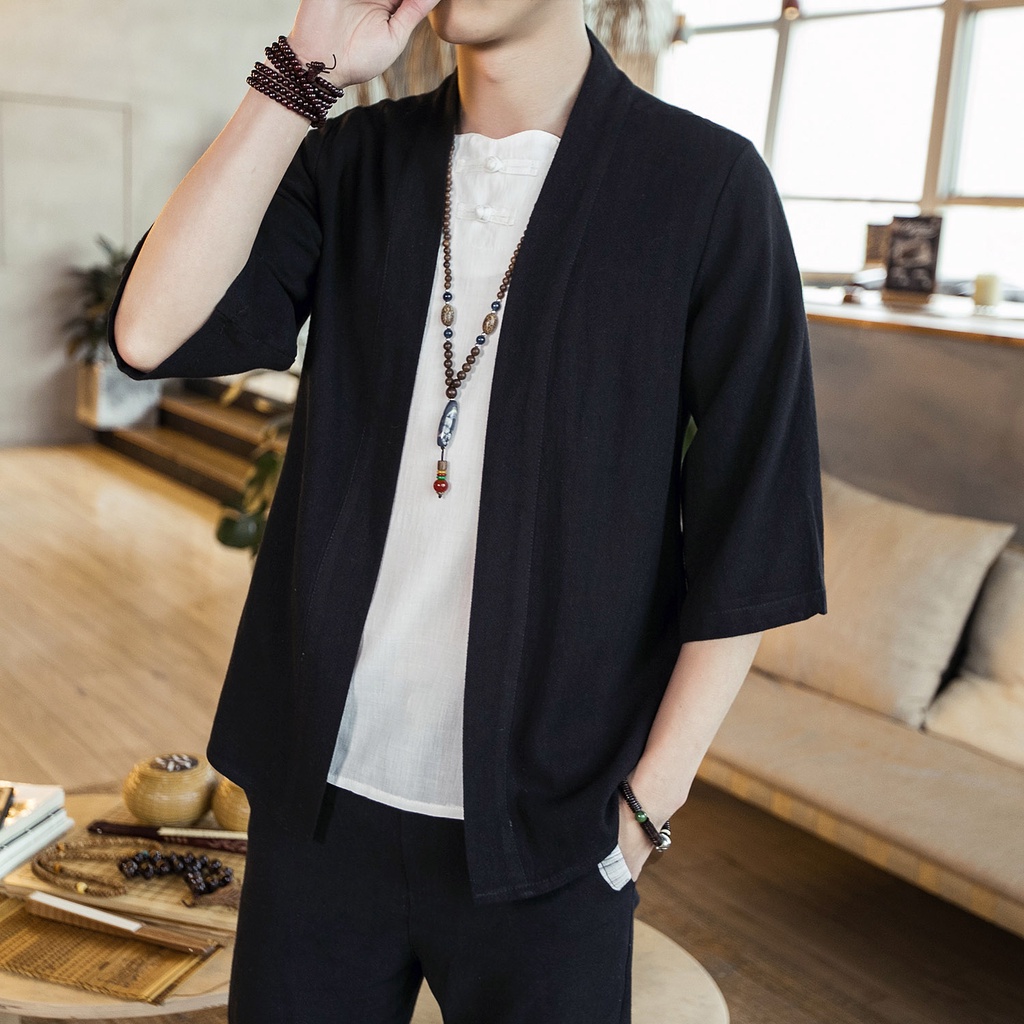 Men's Cotton Kimono Fashion Loose Cardigan Solid Slim Outerwear Vintage ...