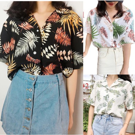 Printed Polo Shirt Korean Top Oversize Floral Shirt Women Hawaiian