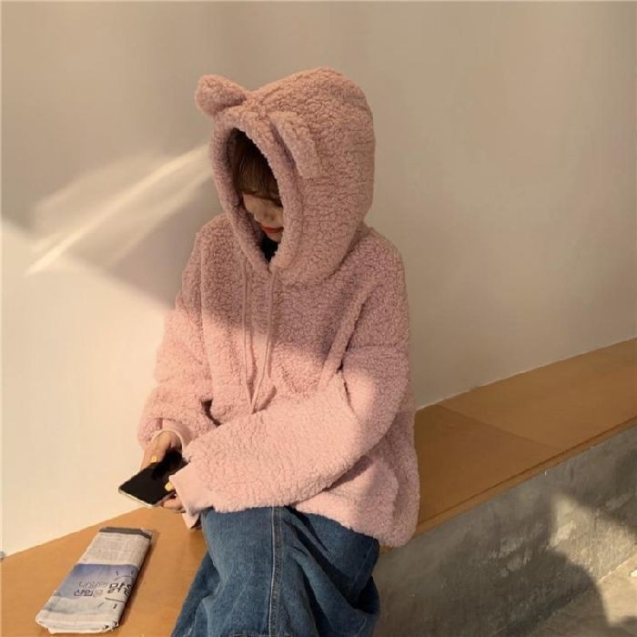 hoodies new large size lamb cashmere autumn and winter bear coat plus velvet thick sweater female student loose top clothes Shopee Philippines