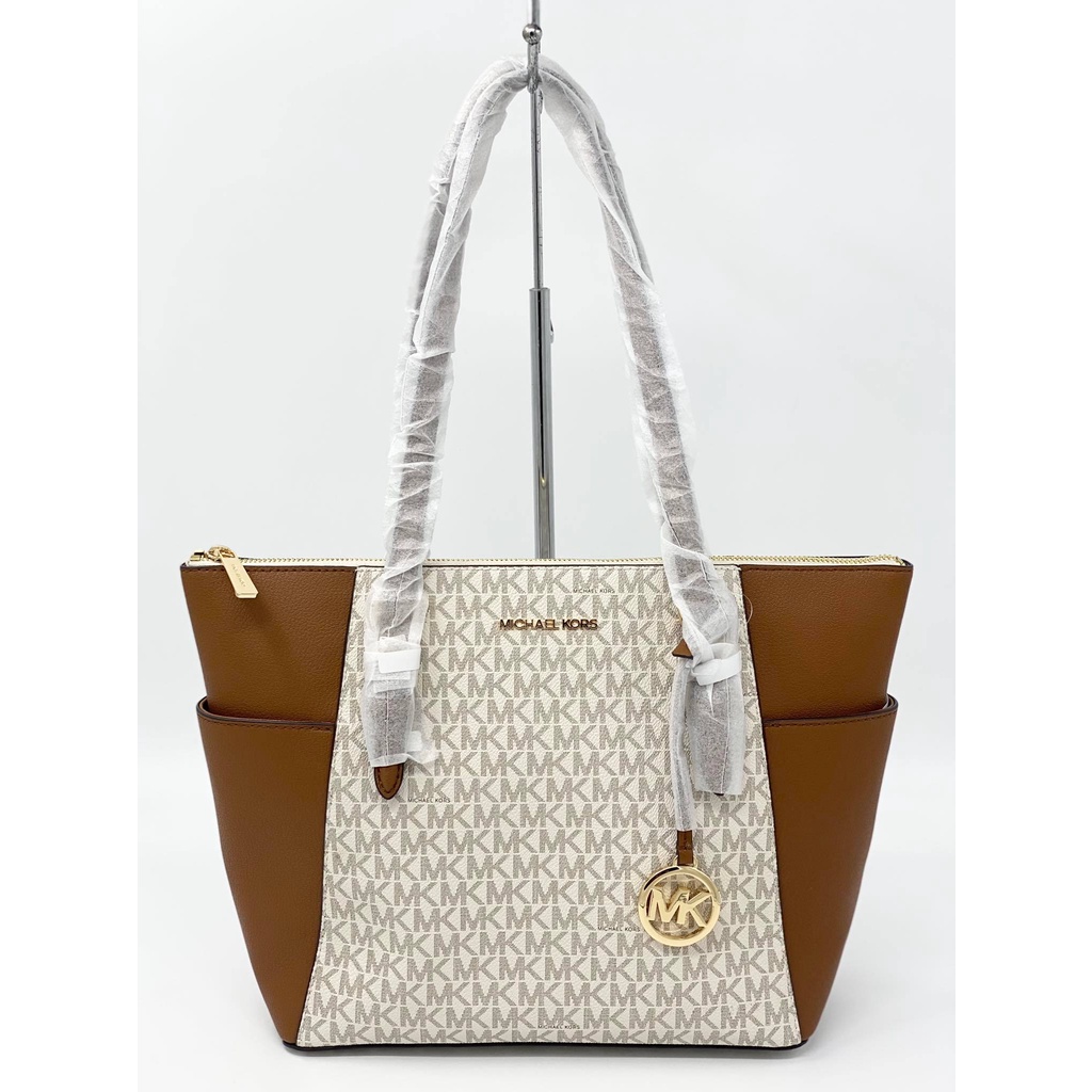 Michael Kors Charlotte Large Logo and Leather TopZip Tote Bag Vanilla