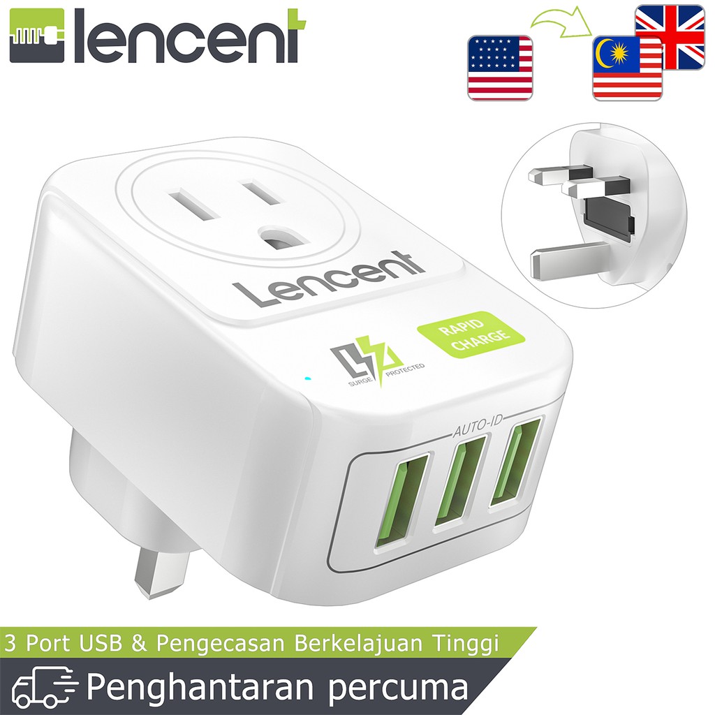 LENCENT US to UK Travel Adapter Ground Charger Plug with 3 USB Power ...