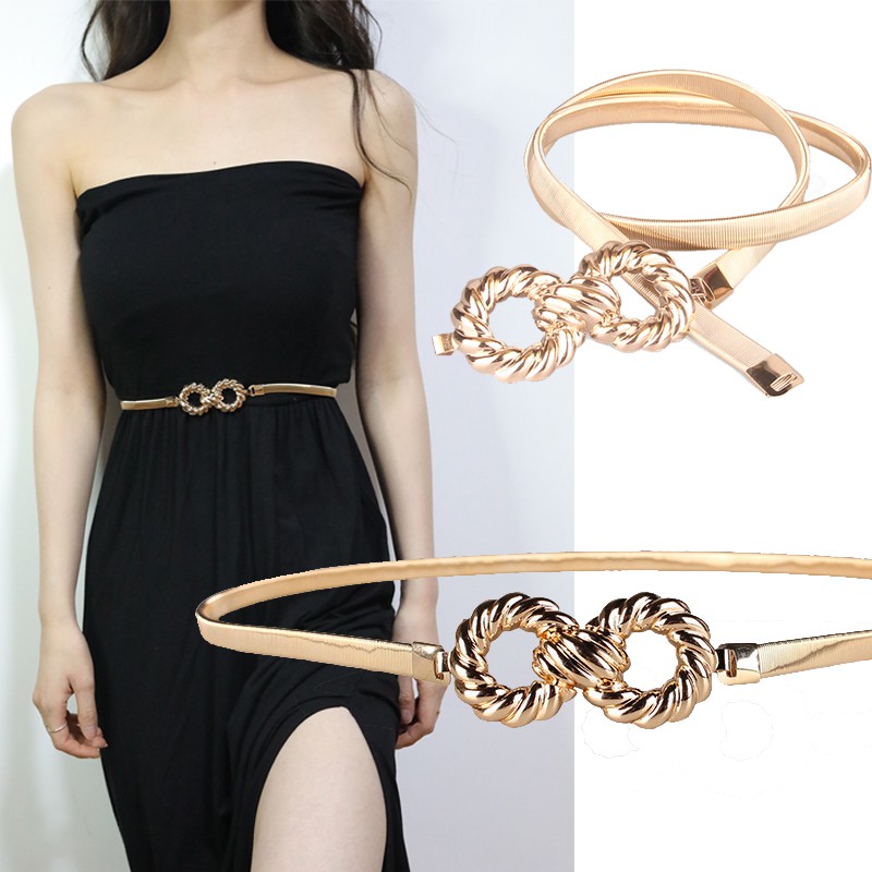 Double Rings Chain Waist Belt for Women Elastic Stretch Gold Belt Metal  Thin Ladies Dress Belt Waistband