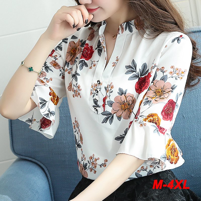 Summer Fashion Floral Print Blouse Pullover Ladies O-neck Tee Tops