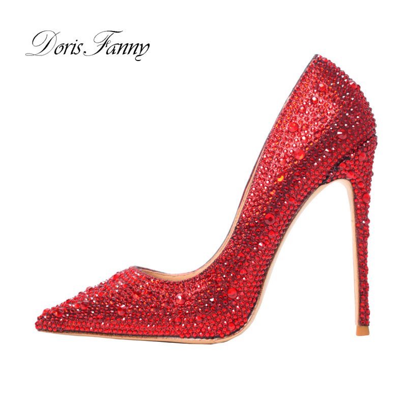 Doris Fanny Stiletto 2022 Shoes Woman Red Crystals Woman Wedding Shoes Bride Sexy Party Shoes 7548