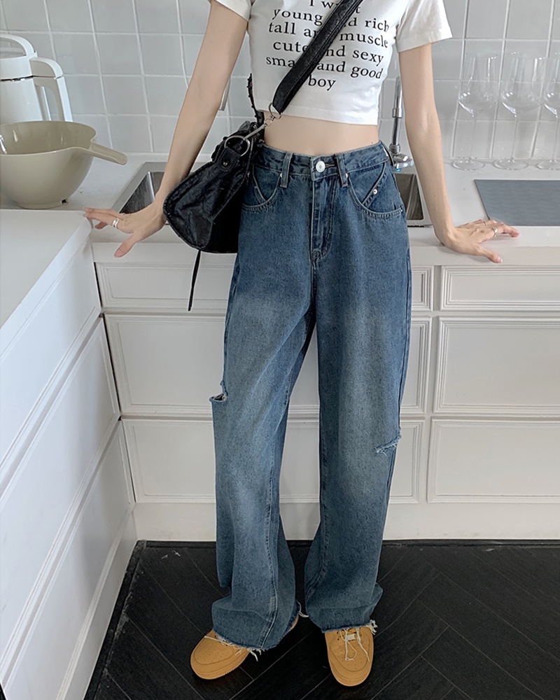 Korean Style Ripped Jeans Wide Leg Baggy Pants Women's High Waist ...