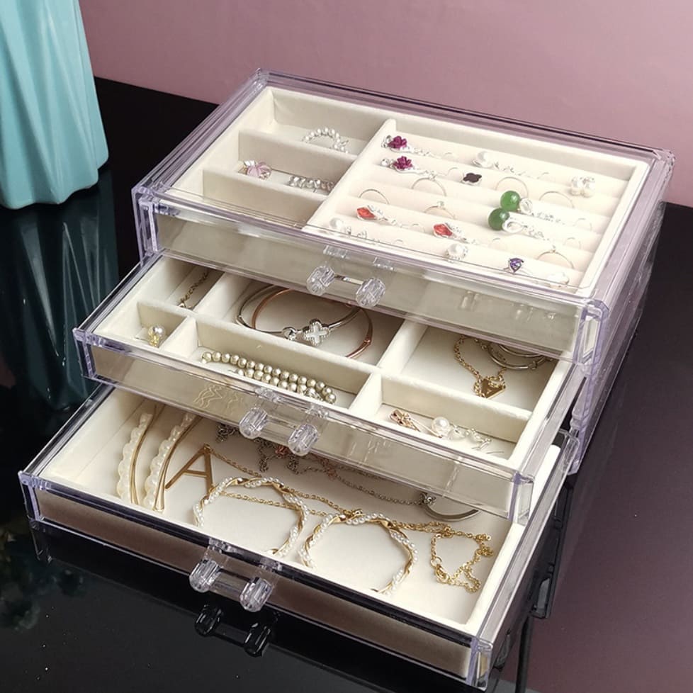 3 Layers Acrylic Jewelry Box Drawer Velvet Tray Jewelry Storage Box ...