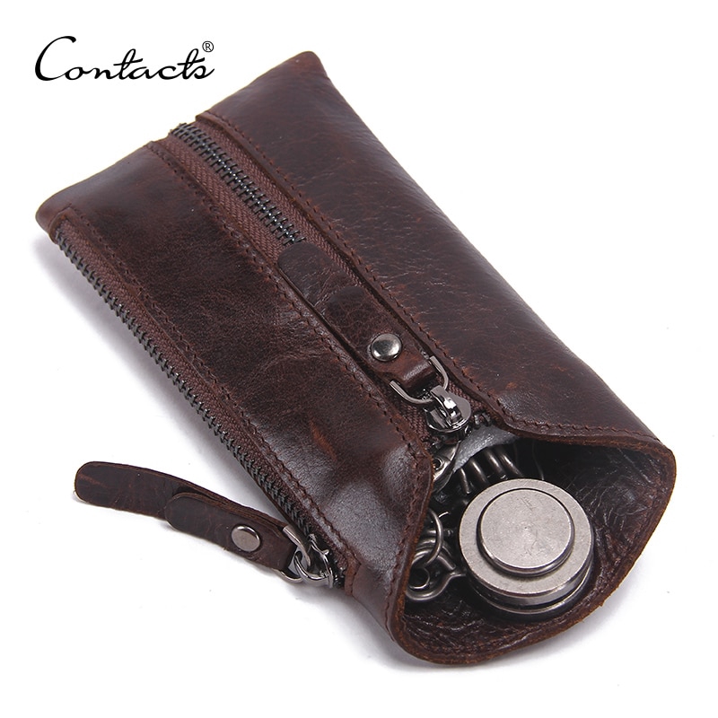 CONTACT'S 100% Genuine Leather Key Wallet Men Car Holder Zipper Case Top  Quality Male Housekeeper Keys Organizer