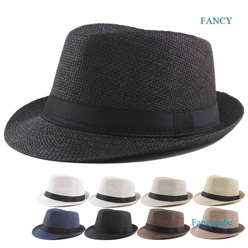 FANCY Men Women Straw Fedora Hat Trilby Cuban Sun Cap Panama Short Brim Floral Summer