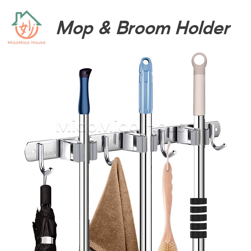 Mop & Broom Holder Wall Mount Heavy Duty with 3 Racks 4 Hooks Mop and