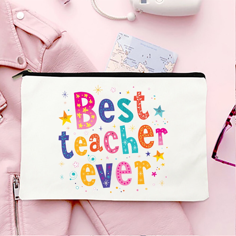 Best Teacher Ever Print Pencil Bags Canvas Pouch Toiletries Storage ...