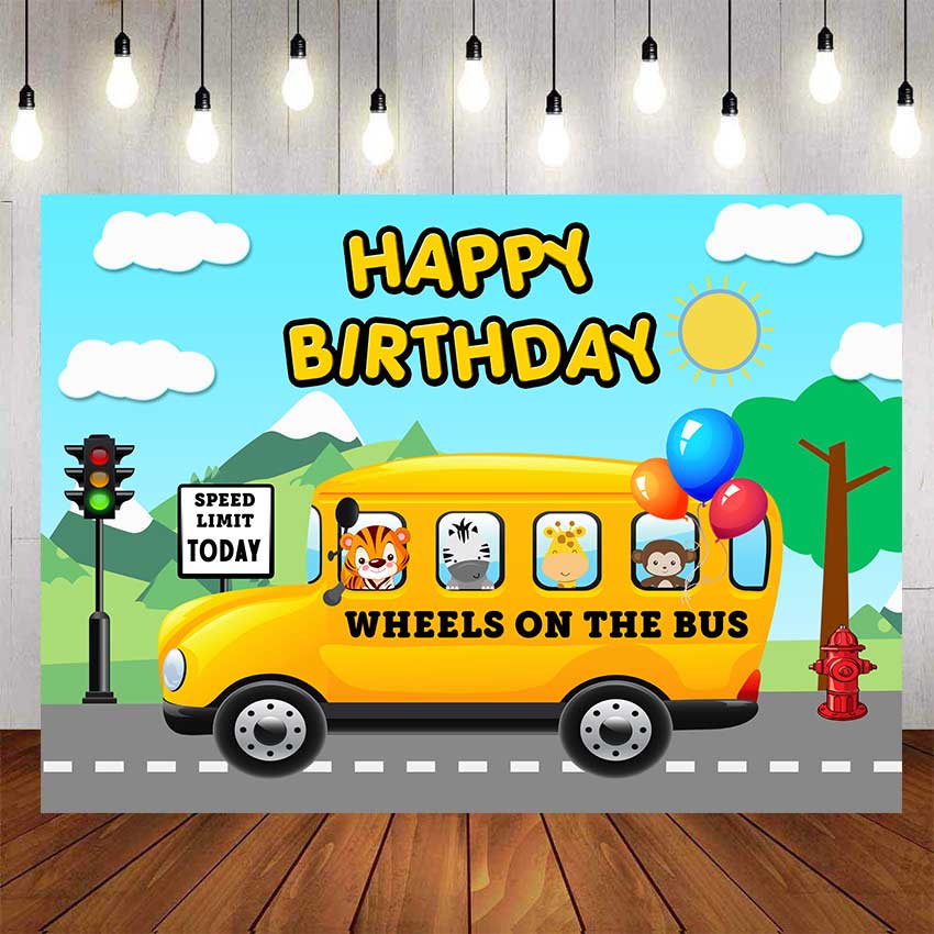 Safari Zoo Animals Wheels on the Bus Birthday Backdrop For Photography ...