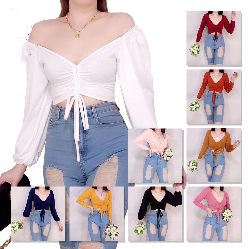 Longsleeves Garterized Mid Rib Crop Top Midrib Long Sleeve Blouse