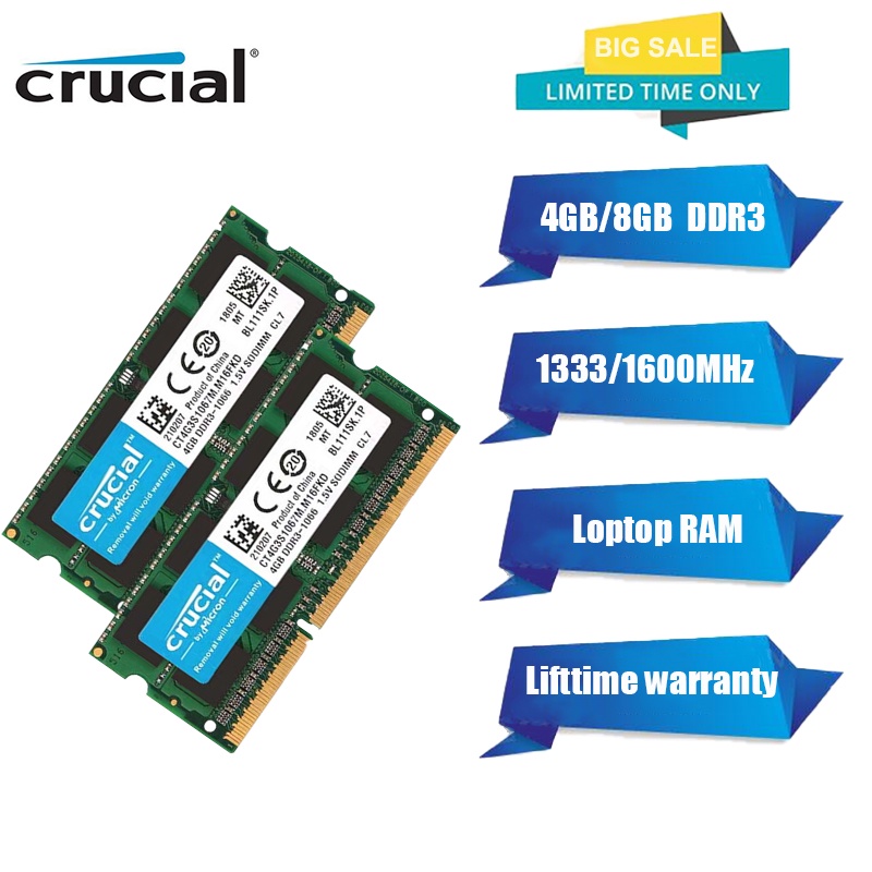 【COD】 New Crucial 4GB/8GB DDR3/DDR3L 1333Mhz/1600Mhz SODIMM Laptop memory  PC3/PC3L- 12800/10600 204pin Notebook RAM Laptop Memory Gaming  UP
