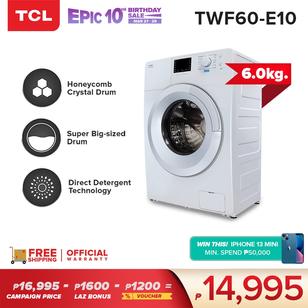 TCL 6.0KG Front Load Inverter Washing Machine TWF60E10 (HydroActive