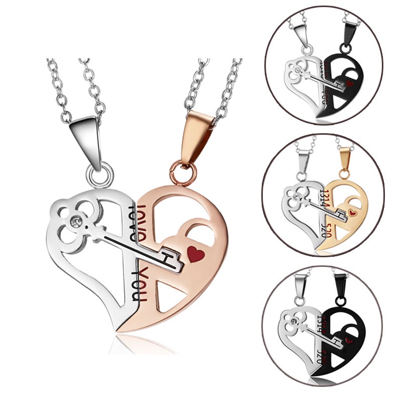 2Pcs Love You Stainless Steel Necklace Women Titanium Love Key Lock Two ...