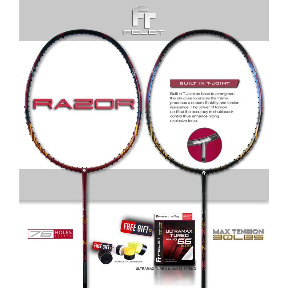 FELET RAZOR Black Badminton Racquet ( FREE STRING & GRIP ) by FLEET ...