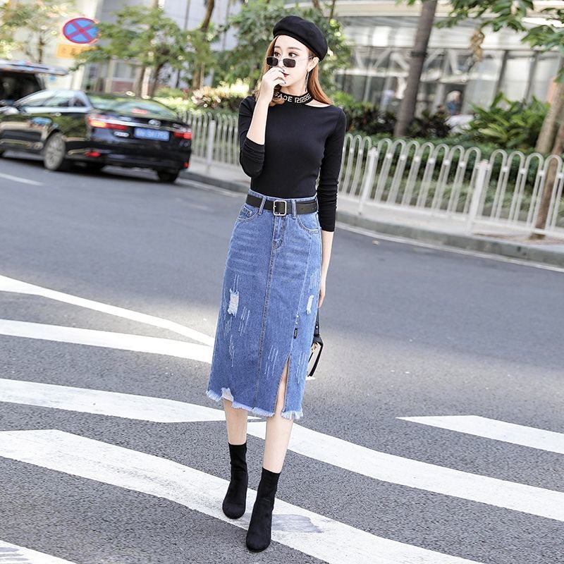 New Style Denim Skirt Plus Size Fat mm All-Match Slit A-Line High Waist  Slimmer Look R