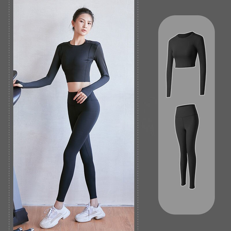 Women Long Sleeve Yoga Set Zipper Top Sport Suit Bra Workout Clothes Gym  Fitness