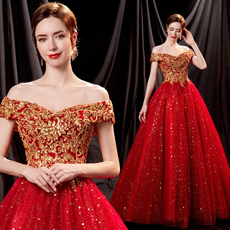 Luxury Beaded Red Bride Wedding Toast Dress Off Shoulder Golden Sequins ...