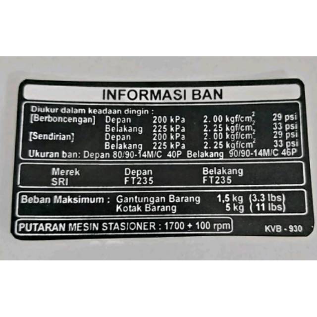 Honda Motorcycle Tire Information label Sticker Code kvb - 930 | Shopee ...
