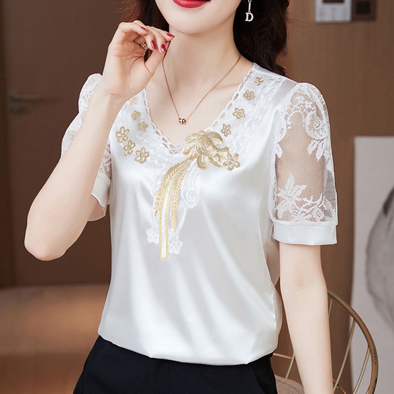 Light Luxury Women Tops Silk Embroidery Blouse Summer Plus Size Blouses ...