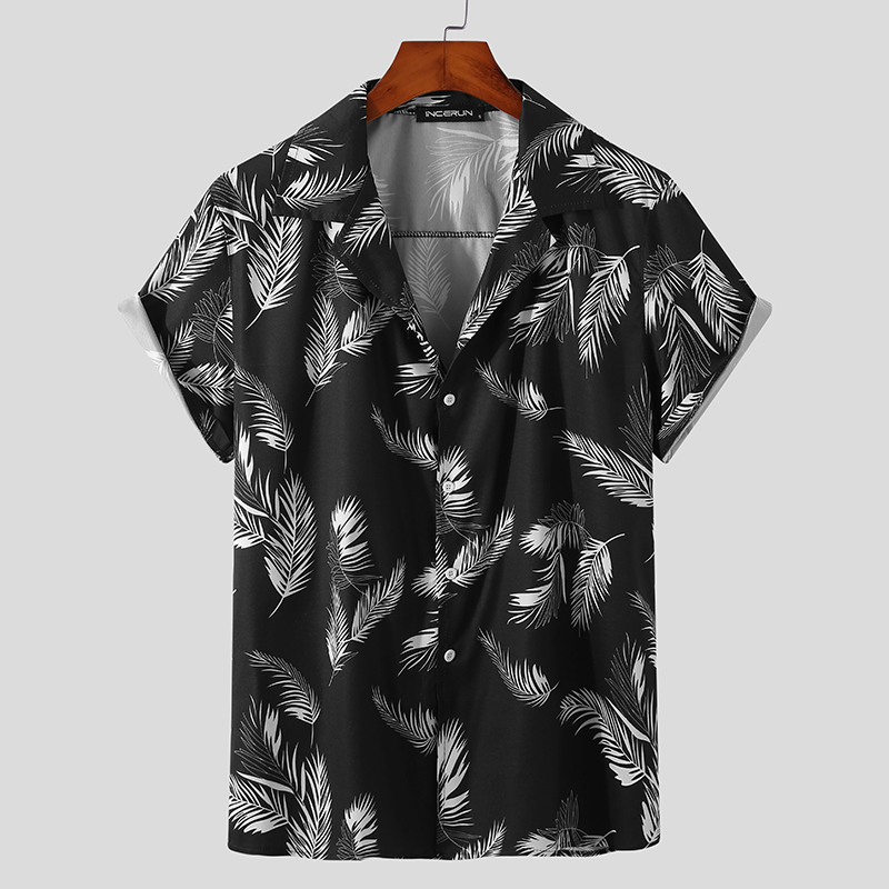 INCERUN Men Summer Soft Fashion Leave Printed Short Sleeves Lapel Shirt ...